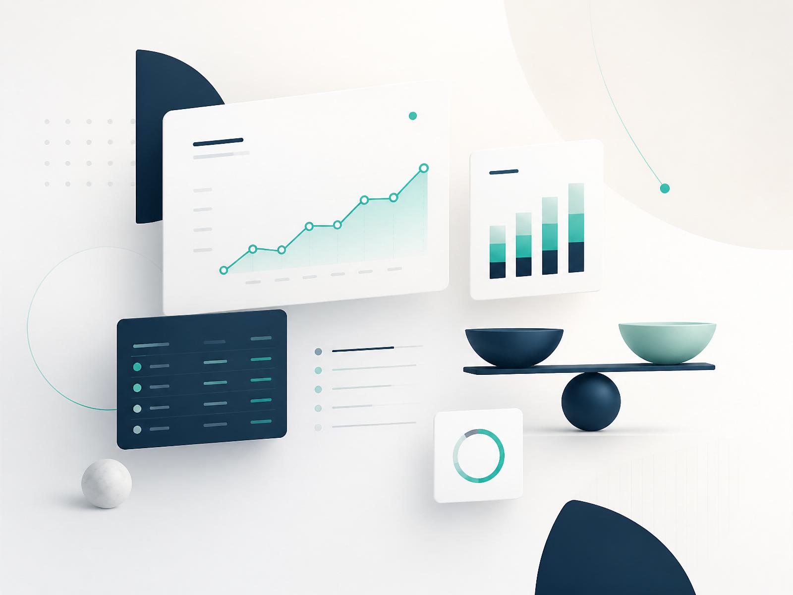 Balanced dashboard, ledger and reporting elements — abstract illustration of clean books