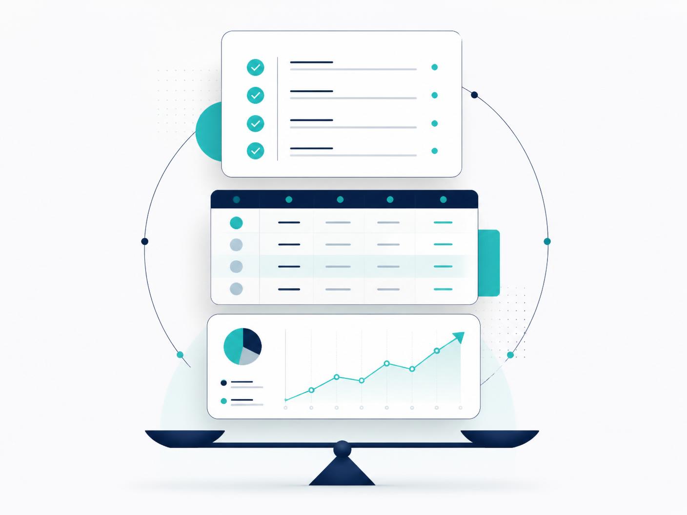 Organized bookkeeping — abstract illustration of a checklist, ledger and monthly report in balance